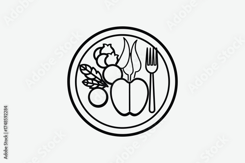 A circular plate design with food a fork and knife silhouette