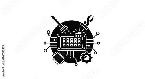 Modern technology concept with circuit board, tools, and gears symbolizing innovation and repair.