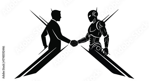 Human and robot shake hands, symbolizing future technology and collaboration.