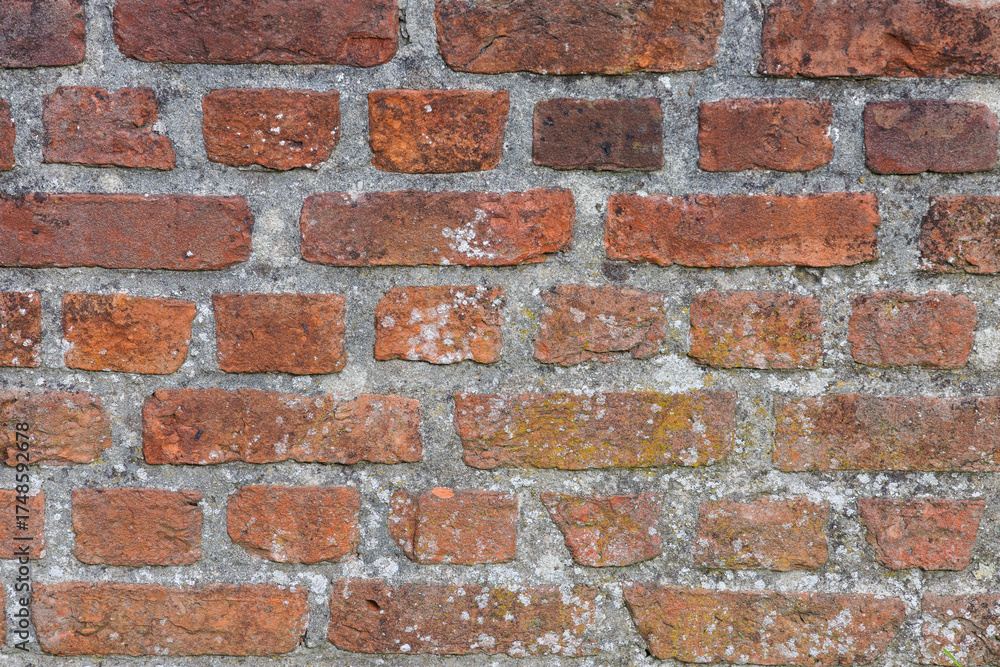 Fototapeta premium Detailed red brick wall background with texture and weathered appearance