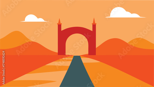 Vector art of a majestic bridge stands proudly amidst a warm, desert landscape, inviting passage and exploration of the unknown