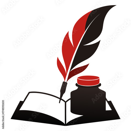 Vintage Quill Pen and Inkwell on Open Book Clipart Illustration: Classic Writing Art Design