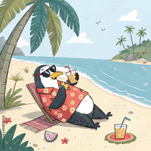 Happy penguin enjoys a tropical beach vacation relaxing under a palm tree with a refreshing drink