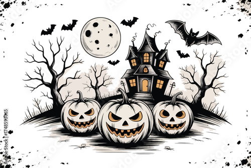 Spooky Haunted House with Jack O Lantern Pumpkins and Flying Bats on Halloween Night