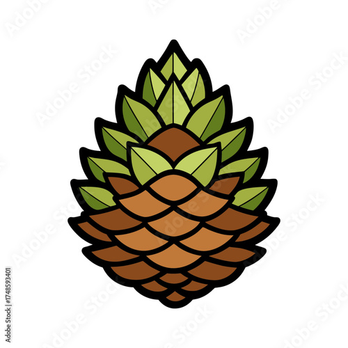 Simple stylized fir tree cone graphic detailed with green leaves brown scales isolated