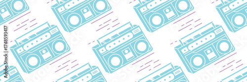 Seamless retro boombox pattern in blue outline with modern typography on white background. Vintage music cassette radio design perfect for fabric, wallpaper, and pop art projects. Trendy nostalgic vec