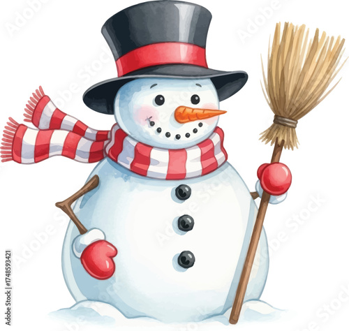 Classic Snowman Wearing a Black Top Hat and Striped Red Scarf Holding a Small Broom
