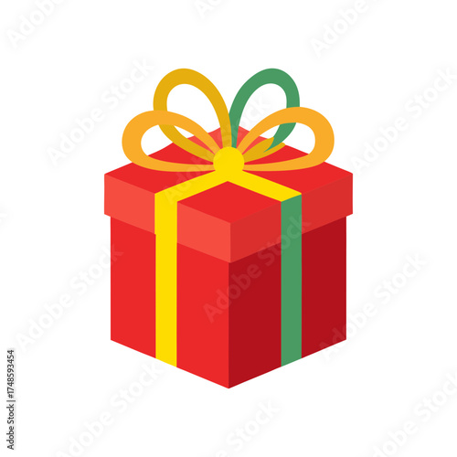 Bright red gift box with yellow and green ribbon celebration present surprise holiday occasion