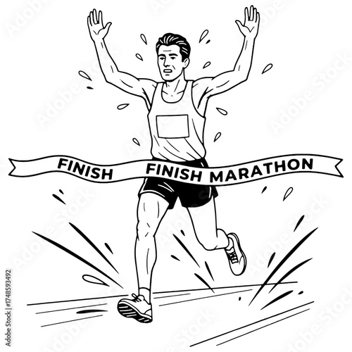 Runner crossing the marathon finish line with arms raised in victory. Black and white vector illustration symbolizing success, endurance, and achievement.

