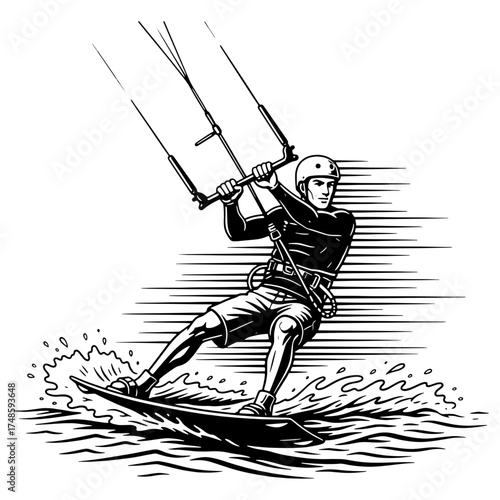 Kitesurfer riding the waves at high speed. Dynamic black and white vector illustration of an extreme water sport for a logo, t-shirt, or poster design.


