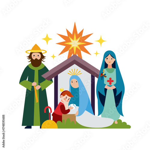 Simple cartoon nativity scene with holy family three wise men and star of bethlehem
