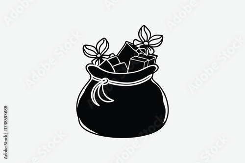 A decorative bag filled with chocolate and leafy sprigs silhouette