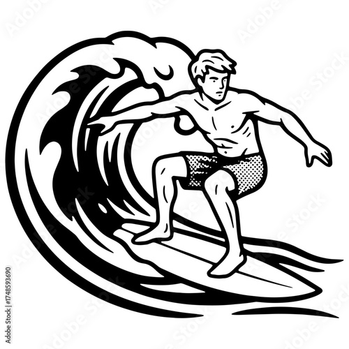 Surfer riding a powerful ocean wave. Dynamic black and white vector illustration of an extreme water sport for a surf club logo, t-shirt design, or summer poster.

