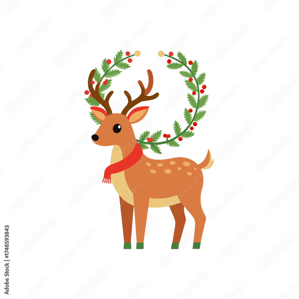 Fototapeta premium Charming cute reindeer wearing a red scarf with a festive holiday wreath
