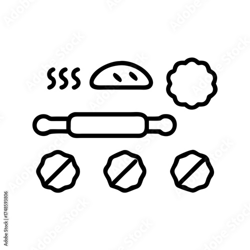 Baking ingredients and rolling pin in line art