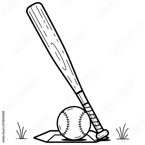 Baseball bat leaning on a ball on a sports field. Simple black and white vector illustration of equipment, ideal for a team logo, icon, or t-shirt design.


