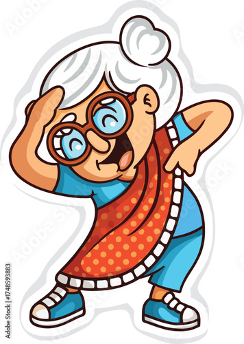 Energetic cartoon grandma with glasses and bun dabbing playfully in blue top and red fabric