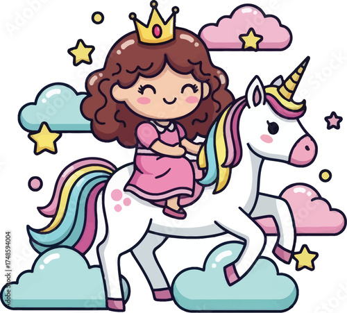 Adorable cartoon princess with a crown riding a magical unicorn among pastel clouds and shimmering stars