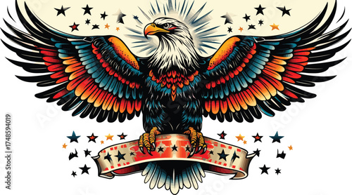 Majestic American bald eagle with patriotic stars and stripes banner symbolism