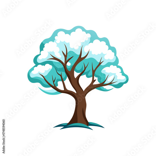 Charming snow covered tree isolated with white fluffy snow adorning branches for winter scenes