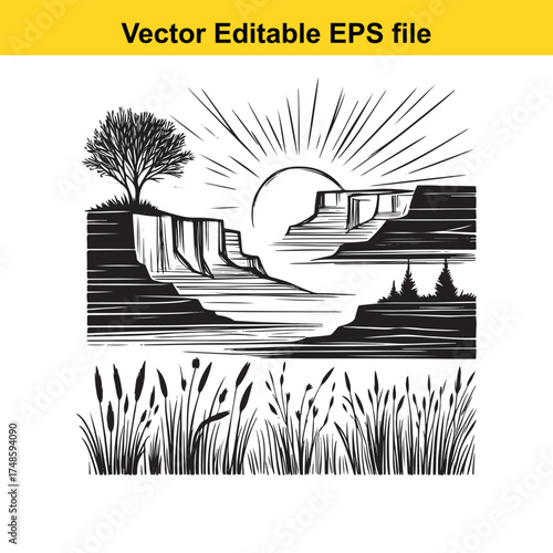 Vector art of a black and white illustration of a grand canyon landscape with a tree, sun rays, and reeds in the foreground