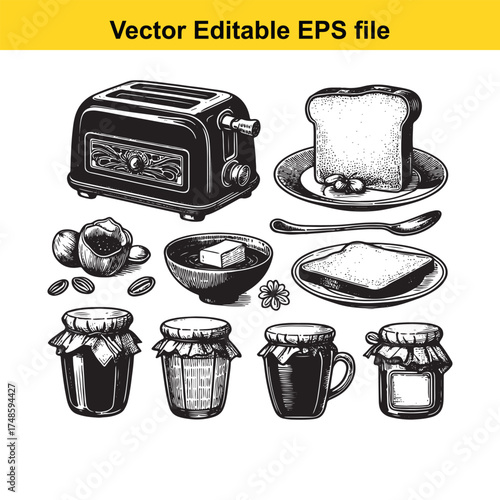 Vector art of vintage handdrawn illustration of breakfast items including a toaster, bread, jam jars, butter, and coffee beans