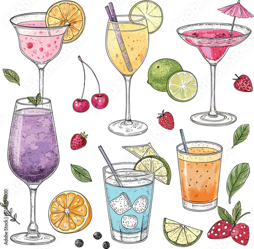Hand Drawn Sketch Collection of Diverse Refreshing Summer Cocktails and Fresh Fruit Garnishes