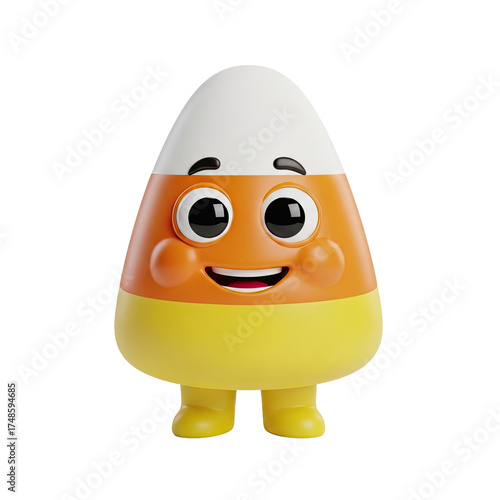 Adorable 3D rendered candy corn character with a cheerful expression and rosy cheeks standing on its feet on a transparent background perfect for