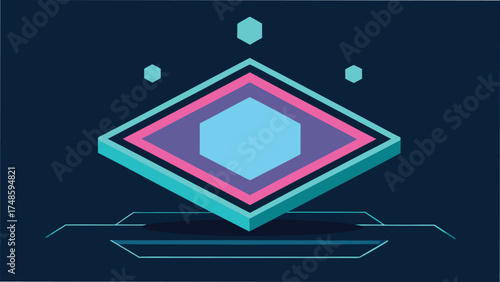 Vector art of isometric platform with a diamond shape and futuristic design, floating in a digital space with neon lights