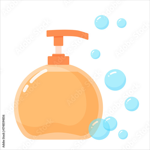 Yellow bottle with shampoo or soap and blue bubbles. Vector illustration isolated on white background.