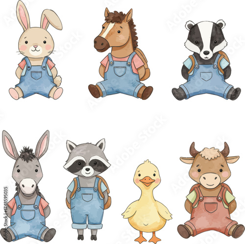 Collection of Adorable Cartoon Farm and Forest Baby Animals Wearing Overalls Sitting Happily