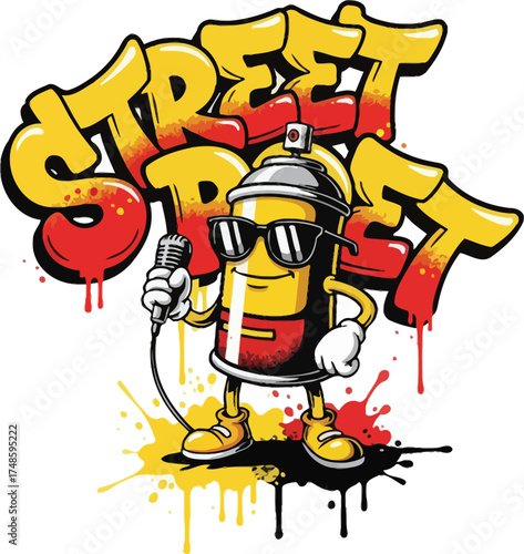 Cartoon Spray Can Mascot with Microphone and 'Street Poet' Graffiti, Urban Music Character Vector