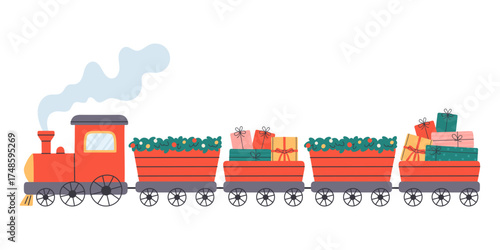Cute Christmas train with bunch of gifts. Festive steam locomotive with wagons decorated Christmas wreaths. Perfect for cards, posters, wrapping paper, and seasonal design. Flat vector illustration