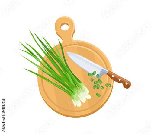 Fresh green onion or scallion on wooden board, knife isolated on white background. Cooking concept. Vector cartoon flat illustration.