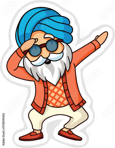 Energetic Indian man wearing a blue turban and sunglasses performing a cool dab dance