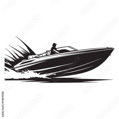 Silhouette of a person driving a speed boat on white background watercraft vessel