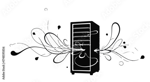 Data server with abstract energetic lines flowing in and out, representing information transfer and connectivity.