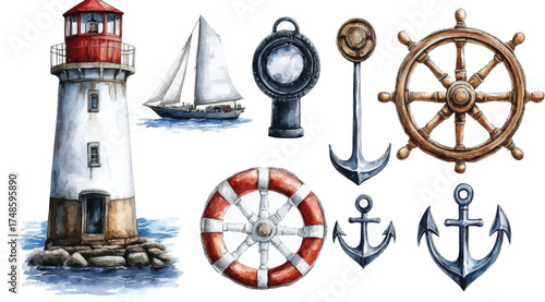 Watercolor nautical themed collection featuring a lighthouse sailboat anchors and ships wheel