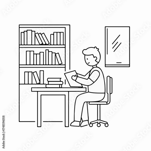 Focused student studying at a desk with bookshelves in a bright room