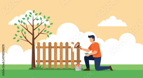 Young man diligently painting a wooden garden fence in a peaceful outdoor setting