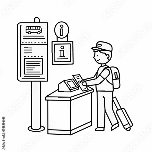 Young traveler buys ticket at a bus station information kiosk with luggage