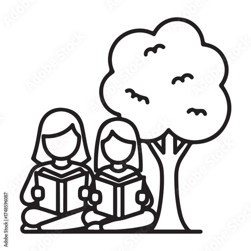 Two children sitting under a tree reading books in black outline style education