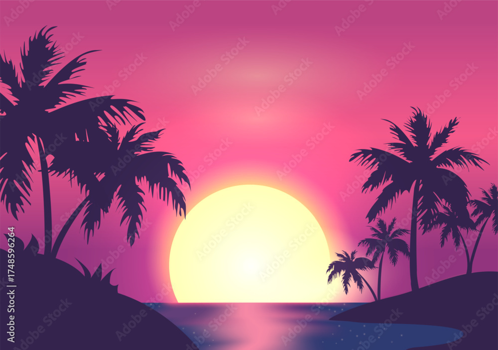 Naklejka premium A futuristic neon retro landscape with palm trees and a glowing sunset over the ocean. Retrofuturism. Neon Sunset