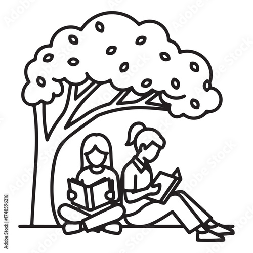 Two people reading books under a stylized tree with leaves in black outline learning