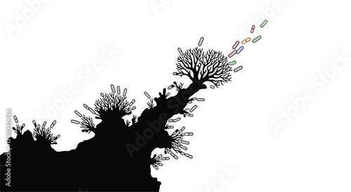Whimsical abstract tree silhouette with colorful capsules floating away on a white background