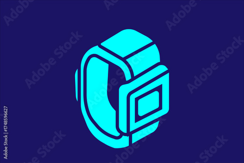 The image depicts a minimalist isometric illustration of a smartwatch. The smartwatch is colored in bright cyan with dark blue outlines, set against a dark navy-blue background.