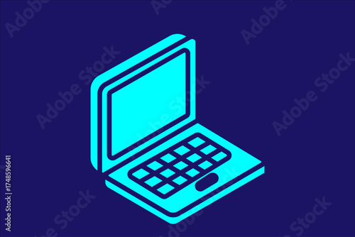 The image shows a minimalist illustration of a laptop in an isometric style. The laptop is light blue with a dark blue outline, placed against a dark navy-blue background