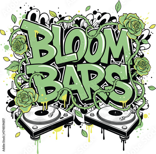 Urban Graffiti 'Bloom Bars' with Roses and DJ Turntables, Creative Hip Hop Music Vector Illustration