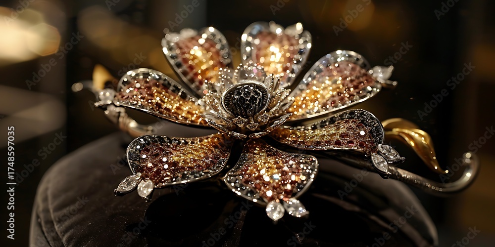 Naklejka premium Exquisite floral brooch adorned with sparkling gemstones and intricate metalwork.