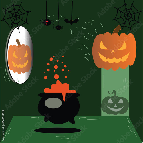 Spooky Halloween scene with a grinning pumpkin, a cauldron, and creepy decorations